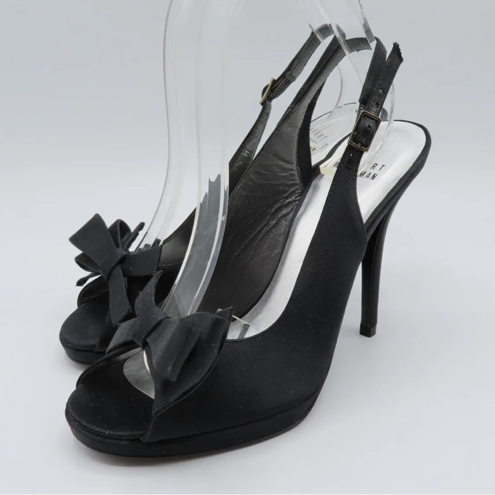 Stuart Weitzman Black Bow Open Toe Slingback Pumps - image 1